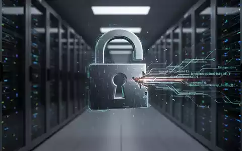 Ein stilisiertes, digitales Vorhängeschloss, das sich teilweise öffnet, mit leuchtenden Codezeilen vor einem unscharfen Serverraum. - Foto: über boerse-global.de