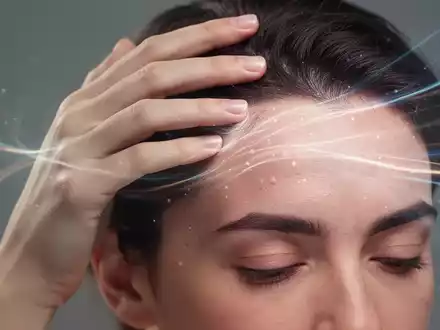 Eine Hand berührt sanft die Kopfhaut, symbolisiert die Verbindung von psychischer Gesundheit und Hautgesundheit. - Foto: über boerse-global.de
