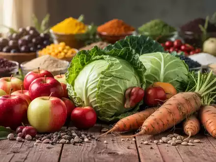 Eine Auswahl an frischem, regionalem deutschem Obst und Gemüse wie Äpfel, Kohl und Wurzelgemüse auf einem Holztisch. - Foto: über boerse-global.de