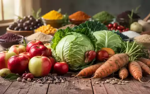 Eine Auswahl an frischem, regionalem deutschem Obst und Gemüse wie Äpfel, Kohl und Wurzelgemüse auf einem Holztisch. - Foto: über boerse-global.de