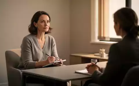 Eine nachdenkliche Frau in einem modernen Therapieraum, mit Stift und Notizbuch, blickt zu einer unterstützenden Person. - Foto: über boerse-global.de