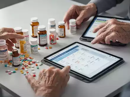 Ältere Hände sortieren Medikamentenflaschen und halten ein digitales Tablet mit einem Medikationsplan in einer sauberen Umgebung. - Foto: über boerse-global.de
