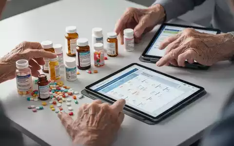Ältere Hände sortieren Medikamentenflaschen und halten ein digitales Tablet mit einem Medikationsplan in einer sauberen Umgebung. - Foto: über boerse-global.de
