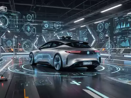 Autonomes Fahrzeug bei Sicherheitstests mit digitalen Datenüberlagerungen in High-Tech-Umgebung. - Foto: über boerse-global.de