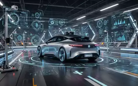 Autonomes Fahrzeug bei Sicherheitstests mit digitalen Datenüberlagerungen in High-Tech-Umgebung. - Foto: über boerse-global.de