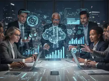 Fachleute arbeiten mit holografischer Projektion von Geschäftsdaten und KI-Algorithmen, Symbol für KI-Beratung für KMU. - Foto: über boerse-global.de