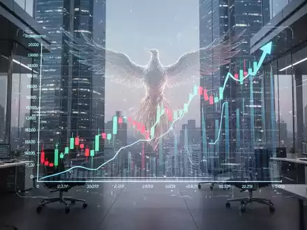 Ein futuristisches Büro mit einer holografischen Projektion eines stark steigenden Börsenkurses und einem abstrakten Symbol für Wachstum. - Foto: über boerse-global.de
