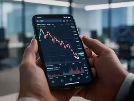 Eine Hand hält ein Smartphone mit einem fallenden Aktienchart, im Hintergrund verschwommen ein Büro. - Foto: über boerse-global.de