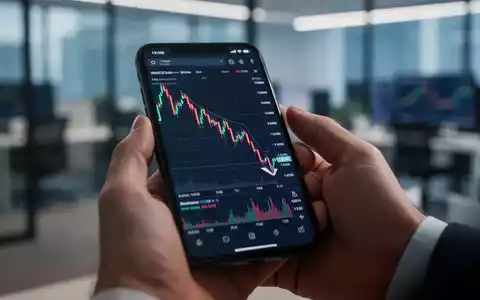 Eine Hand hält ein Smartphone mit einem fallenden Aktienchart, im Hintergrund verschwommen ein Büro. - Foto: über boerse-global.de