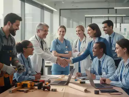 Eine vielfältige Gruppe von Fachkräften aus Handwerk, Gesundheitswesen und Büro, die in einem modernen Arbeitsumfeld zusammenarbeitet. - Foto: über boerse-global.de