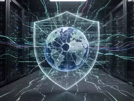 Abstrakter digitaler Schild mit Rissen, überlagert von Netzglobus und Serverracks, symbolisiert Cybersicherheitslücken in der Webinfrastruktur. - Foto: über boerse-global.de