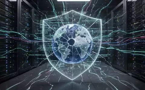 Abstrakter digitaler Schild mit Rissen, überlagert von Netzglobus und Serverracks, symbolisiert Cybersicherheitslücken in der Webinfrastruktur. - Foto: über boerse-global.de