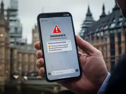 Nahaufnahme einer Hand, die ein Smartphone mit einer Betrugswarnung hält, im unscharfen Hintergrund sind Londoner Gebäude zu erkennen. - Foto: über boerse-global.de