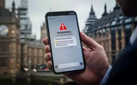 Nahaufnahme einer Hand, die ein Smartphone mit einer Betrugswarnung hält, im unscharfen Hintergrund sind Londoner Gebäude zu erkennen. - Foto: über boerse-global.de