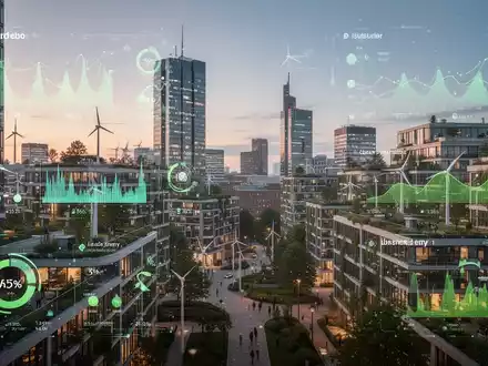 Eine futuristische, nachhaltige Stadtlandschaft von Düsseldorf bei Sonnenuntergang mit digitalen Overlays und grünen Flächen. - Foto: über boerse-global.de