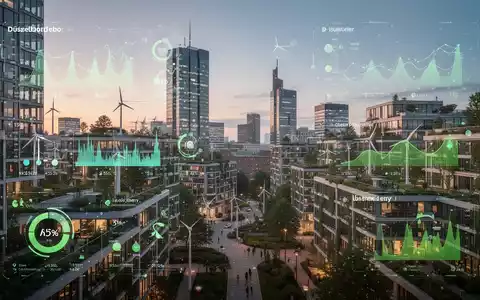 Eine futuristische, nachhaltige Stadtlandschaft von Düsseldorf bei Sonnenuntergang mit digitalen Overlays und grünen Flächen. - Foto: über boerse-global.de