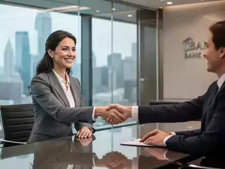 Eine professionelle Beraterin im Private Banking schüttelt einem Kunden in einem eleganten Büro die Hand. - Foto: über boerse-global.de