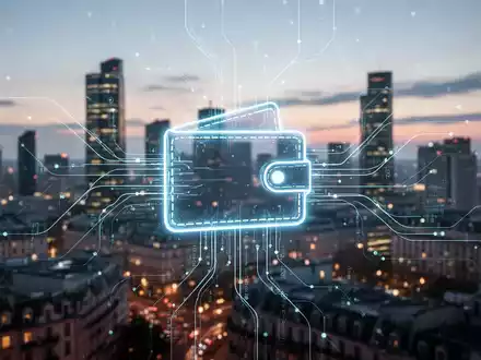 Leuchtendes digitales Identitäts-Wallet-Symbol mit abstrakten Datenströmen, über verschwommener europäischer Stadtsilhouette in der Dämmerung. - Foto: über boerse-global.de