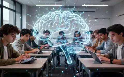 Ein stilisiertes, leuchtendes neuronales Netzwerk über einer Gruppe von Studenten, die mit Tablets in einem modernen Klassenzimmer interagieren. - Foto: über boerse-global.de