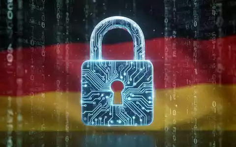 Ein stilisiertes digitales Vorhängeschloss mit Leiterplattenmuster vor einem verschwommenen Hintergrund aus Datenströmen und einer deutschen Flagge. - Foto: über boerse-global.de