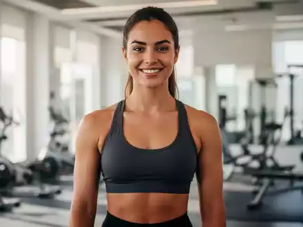 Eine selbstbewusste junge Frau mit gesunder Figur lächelt in einem modernen Fitnessstudio. Sie trägt Sportkleidung. - Foto: über boerse-global.de