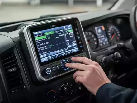 Nahaufnahme eines digitalen Fahrtenschreibers in einem Transporter-Armaturenbrett, der Daten anzeigt, mit einer Hand am Gerät. - Foto: über boerse-global.de
