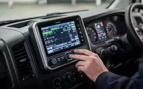 Nahaufnahme eines digitalen Fahrtenschreibers in einem Transporter-Armaturenbrett, der Daten anzeigt, mit einer Hand am Gerät. - Foto: über boerse-global.de