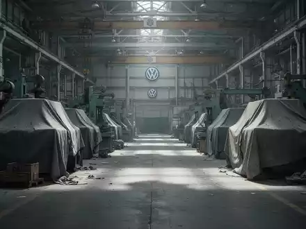 Ein verlassenes Volkswagen-Fabrikgelände mit staubigen Maschinen, das wirtschaftliche Unsicherheit und Stellenabbau symbolisiert. - Foto: über boerse-global.de