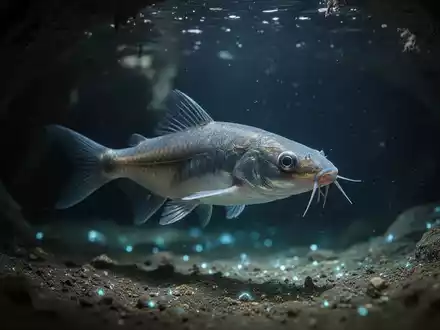 Ein blinder Höhlenfisch schwimmt in einer dunklen Unterwasserhöhle, umgeben von schwachem biolumineszentem Licht, das seine Anpassungen hervorhebt. - Foto: über boerse-global.de