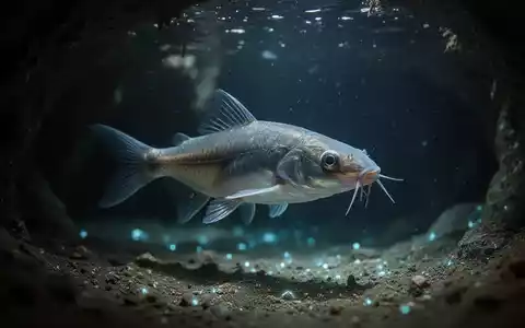 Ein blinder Höhlenfisch schwimmt in einer dunklen Unterwasserhöhle, umgeben von schwachem biolumineszentem Licht, das seine Anpassungen hervorhebt. - Foto: über boerse-global.de