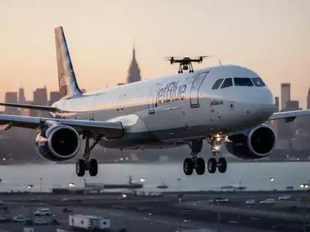 Ein JetBlue Airbus A321 im Landeanflug bei Dämmerung, eine Drohne gefährlich nah am Cockpit. - Foto: über boerse-global.de