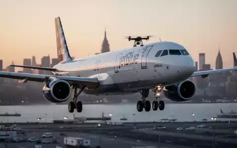 Ein JetBlue Airbus A321 im Landeanflug bei Dämmerung, eine Drohne gefährlich nah am Cockpit. - Foto: über boerse-global.de