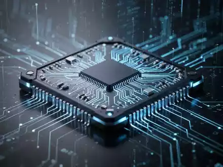 Nahaufnahme eines futuristischen Mikrochips mit feinen Leiterbahnen, der blau leuchtet, auf dunklem, reflektierendem Hintergrund. - Foto: über boerse-global.de