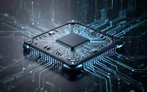 Nahaufnahme eines futuristischen Mikrochips mit feinen Leiterbahnen, der blau leuchtet, auf dunklem, reflektierendem Hintergrund. - Foto: über boerse-global.de