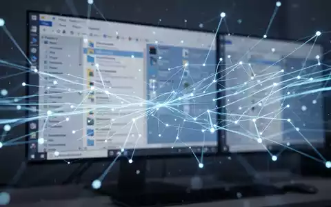Abstrakte Darstellung von Datenfluss und Netzwerkverbindungen über einer unscharfen Windows 11 Datei-Explorer-Oberfläche, die Leistungsverbesserungen symbolisiert. - Foto: über boerse-global.de