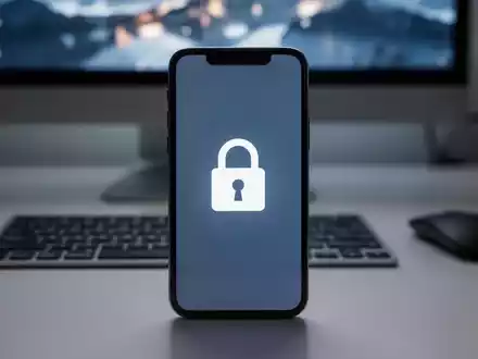 Smartphone-Bildschirm mit Schloss-Symbol, unscharfer Desktop-PC im Hintergrund, symbolisiert Remote-PC-Sicherheit. - Foto: über boerse-global.de