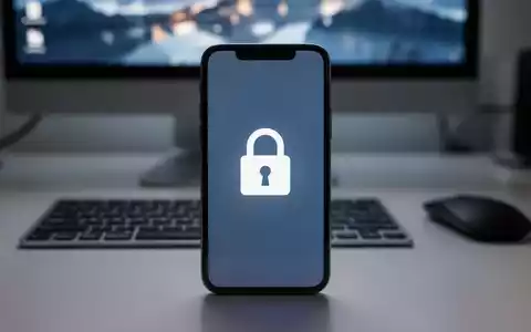 Smartphone-Bildschirm mit Schloss-Symbol, unscharfer Desktop-PC im Hintergrund, symbolisiert Remote-PC-Sicherheit. - Foto: über boerse-global.de