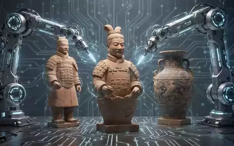 KI-gesteuerte Roboterarme restaurieren alte Artefakte, mit einem digitalen Netzwerk im Hintergrund, das Technologie und Kulturerbe verbindet. - Foto: über boerse-global.de