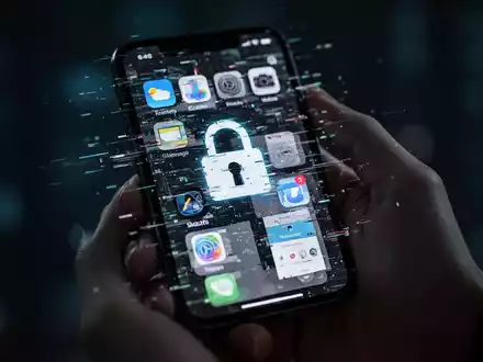 Eine Hand hält ein Smartphone mit einem verzerrten, glitchigen Bildschirm, der ein Schlosssymbol und App-Fragmente anzeigt. - Foto: über boerse-global.de