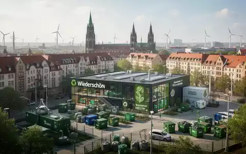Luftaufnahme von Leipzig mit einem modernen Recyclingzentrum oder Konzeptladen, der die Kreislaufwirtschaft und nachhaltige Stadtentwicklung symbolisiert. - Foto: über boerse-global.de