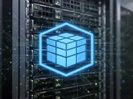 Leuchtend blaues sechseckiges Container-Symbol vor unscharfem Hintergrund eines modernen Server-Racks mit grünen Schaltkreismustern. - Foto: über boerse-global.de