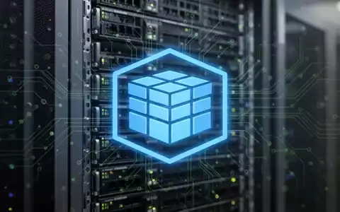 Leuchtend blaues sechseckiges Container-Symbol vor unscharfem Hintergrund eines modernen Server-Racks mit grünen Schaltkreismustern. - Foto: über boerse-global.de