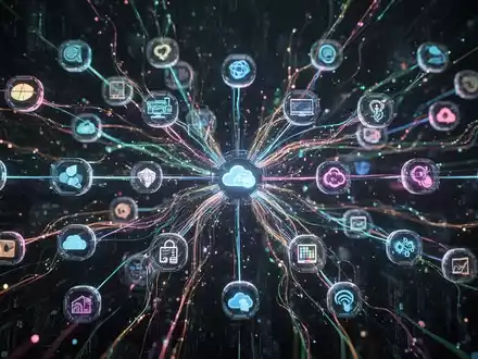 Abstraktes digitales Netzwerk mit leuchtenden Linien zwischen Software-Icons, symbolisiert SaaS-Alternativen. - Foto: über boerse-global.de