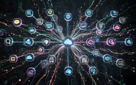 Abstraktes digitales Netzwerk mit leuchtenden Linien zwischen Software-Icons, symbolisiert SaaS-Alternativen. - Foto: über boerse-global.de