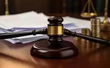 Ein Gavel liegt auf einem dunklen Holztisch, im Hintergrund unscharfe juristische Dokumente und ein Münzstapel. - Foto: über boerse-global.de