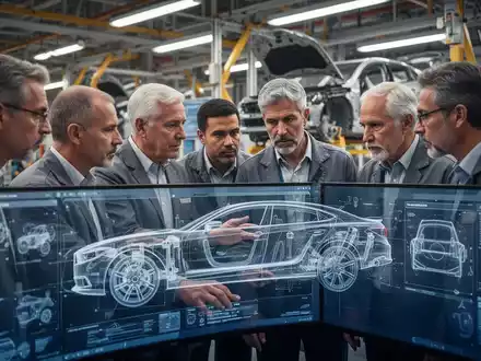 Erfahrene Automobilingenieure bei der Zusammenarbeit, inspizieren ein Autodesign auf einem Bildschirm, mit dezenten Andeutungen einer Autofabrik im Hintergrund. - Foto: über boerse-global.de