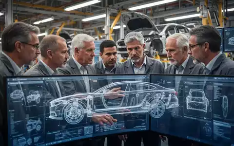 Erfahrene Automobilingenieure bei der Zusammenarbeit, inspizieren ein Autodesign auf einem Bildschirm, mit dezenten Andeutungen einer Autofabrik im Hintergrund. - Foto: über boerse-global.de