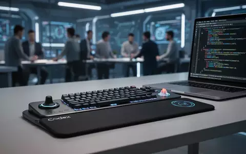 Schlankes, modernes Makro-Pad mit mechanischen Tasten, Joystick und Touch-Sensor, Marke 'Codex', auf einem Schreibtisch neben einem Laptop. - Foto: über boerse-global.de
