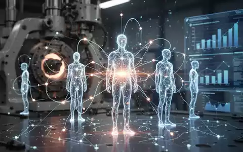 Abstrakte Darstellung eines leuchtenden neuronalen Netzwerks, das menschliche Silhouetten verbindet, mit verschwommenen Industrieanlagen im Hintergrund. - Foto: über boerse-global.de