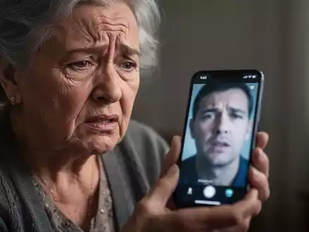 Ältere Frau hält verstört ein Smartphone, verschwommenes Bild eines Betrügers auf dem Bildschirm. - Foto: über boerse-global.de
